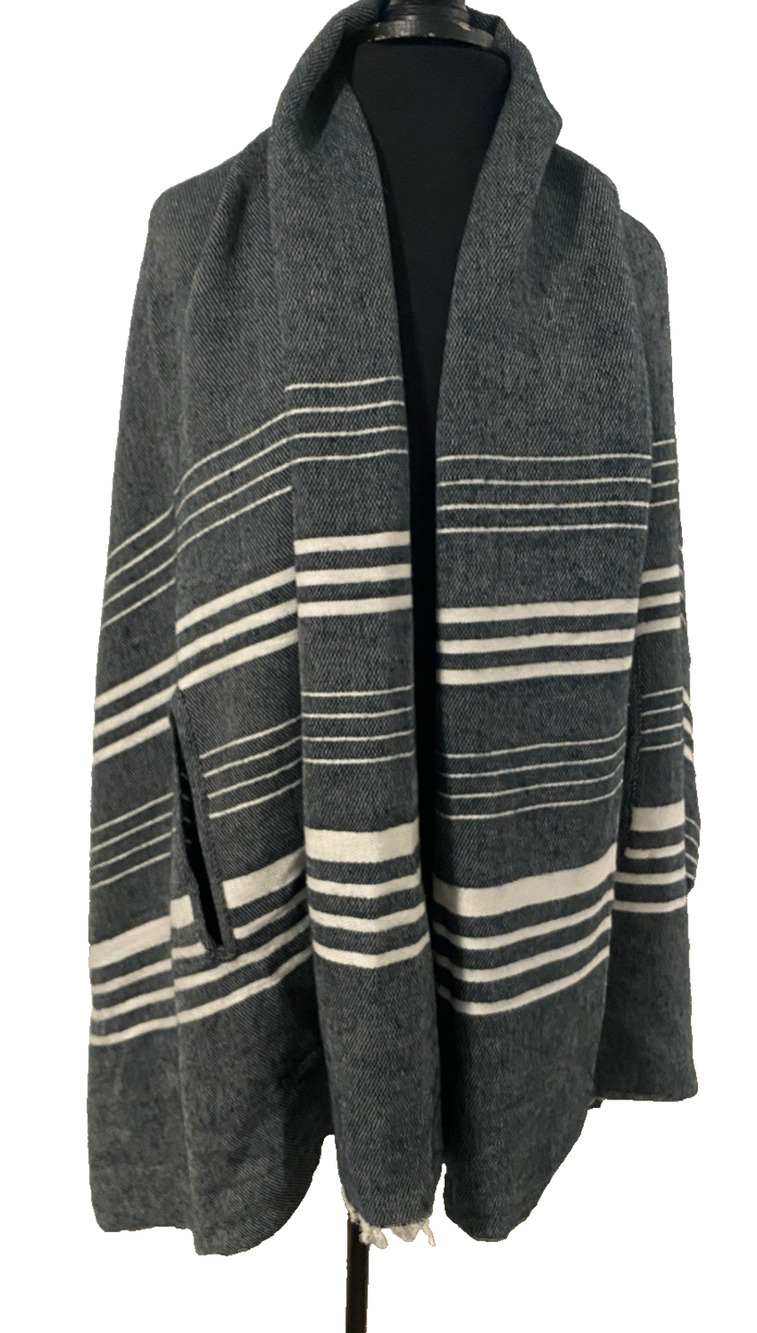 Gray Oversize Wrap Scarf with Arm Holes White Stripe Fringe Poncho Kimono Boho